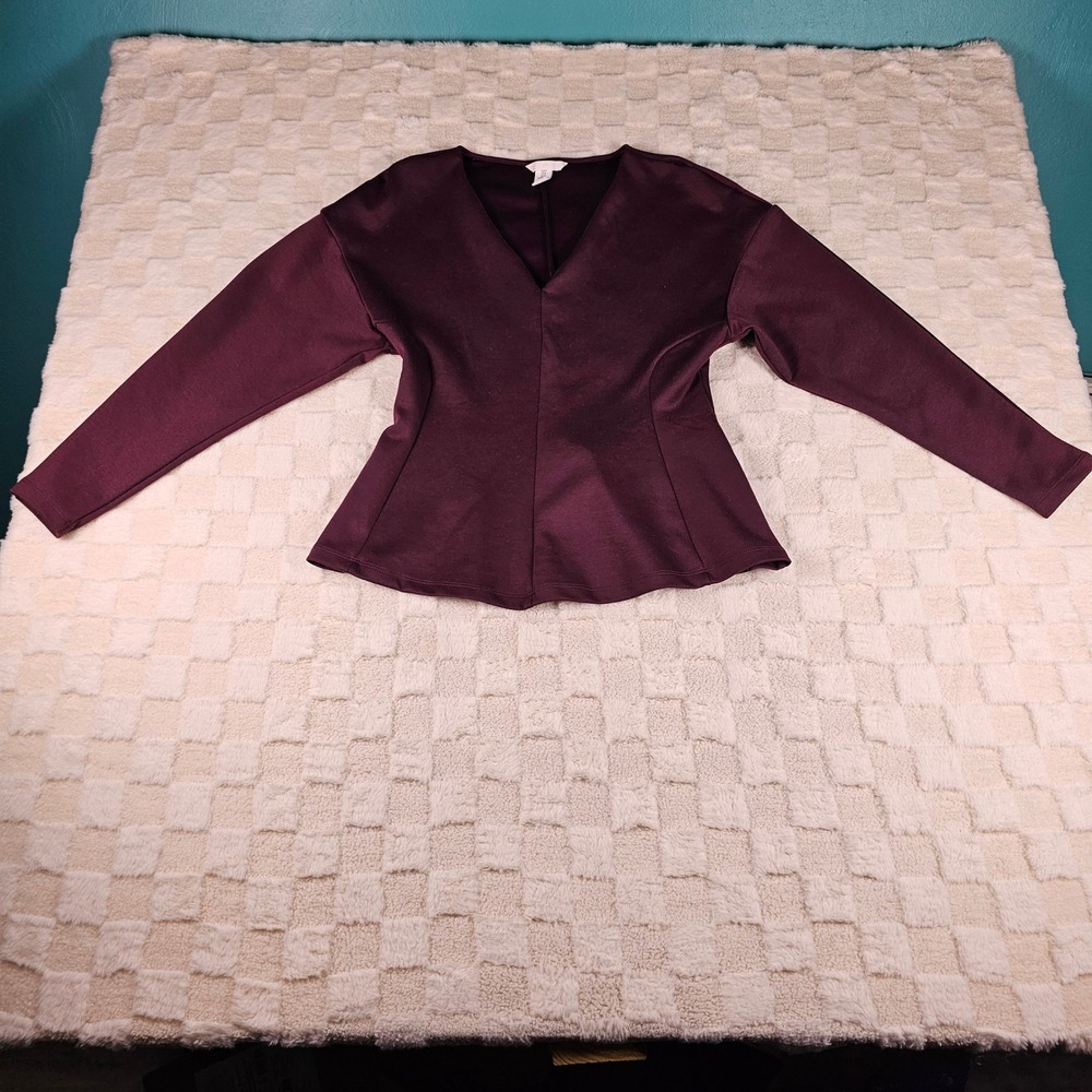 HM Women Plum Purple V-Neck Peplum Long Sleeve Blouse Top Medium
